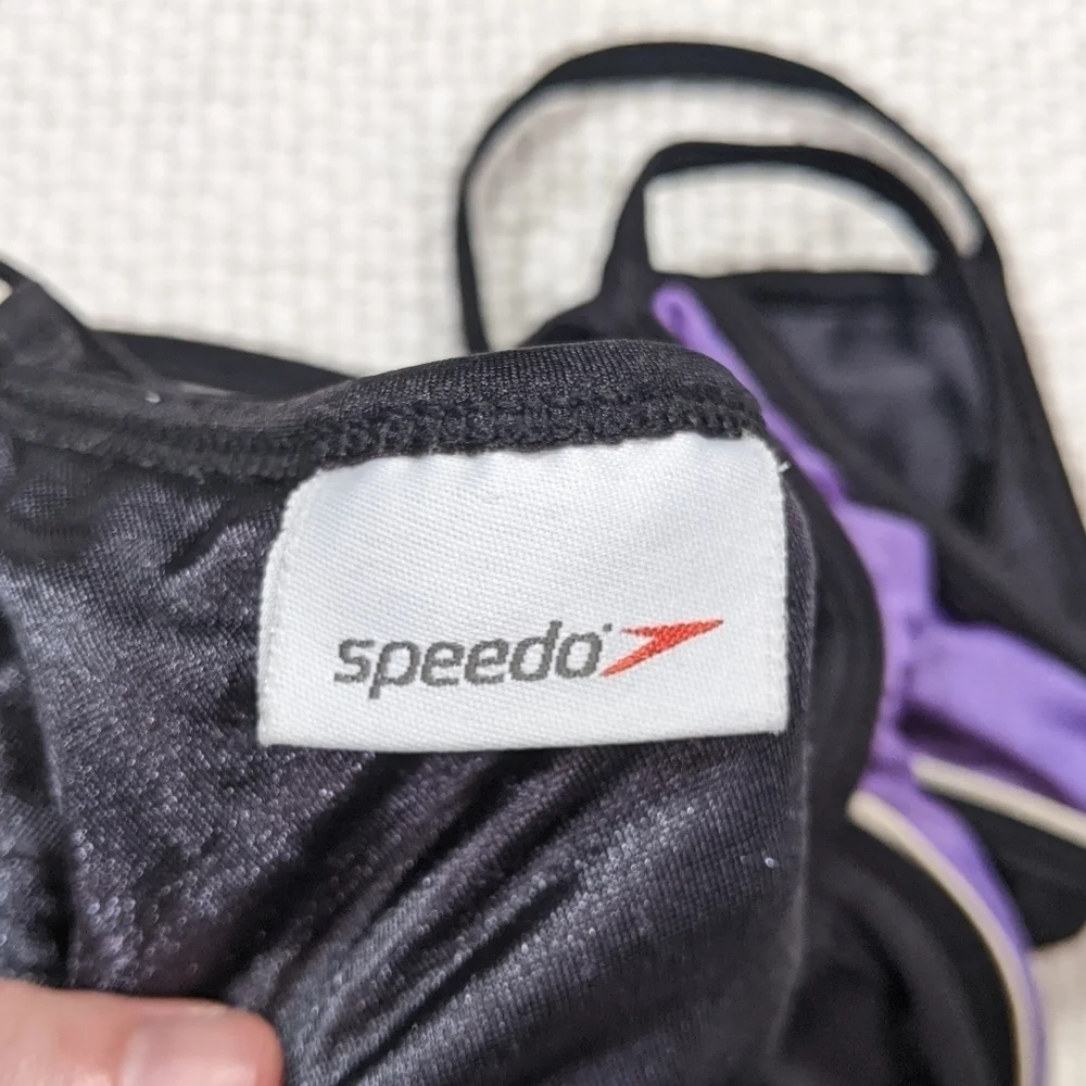 Speedo Rapid Splice Black and Purple Athletic Open Back‎ One Piece *See Measure